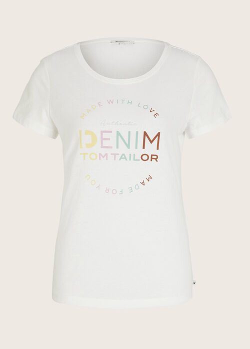 Denim Tom Tailor® T-shirt with Logo Print - Off White